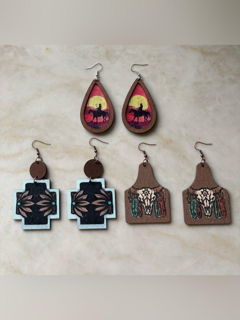 Western Wood Teardrop Earrings 3 Pairs Double Sided